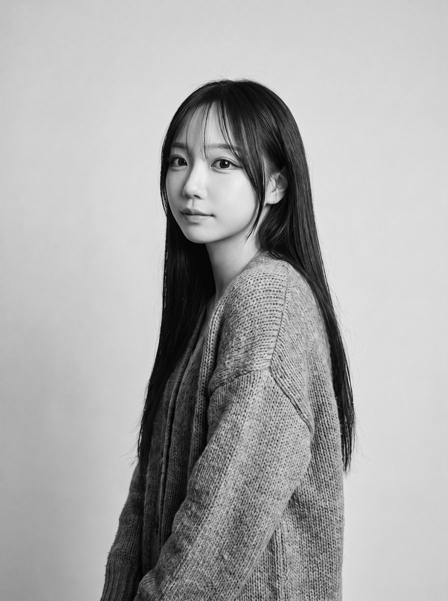 グレーのニットを着て微笑む前田芽衣